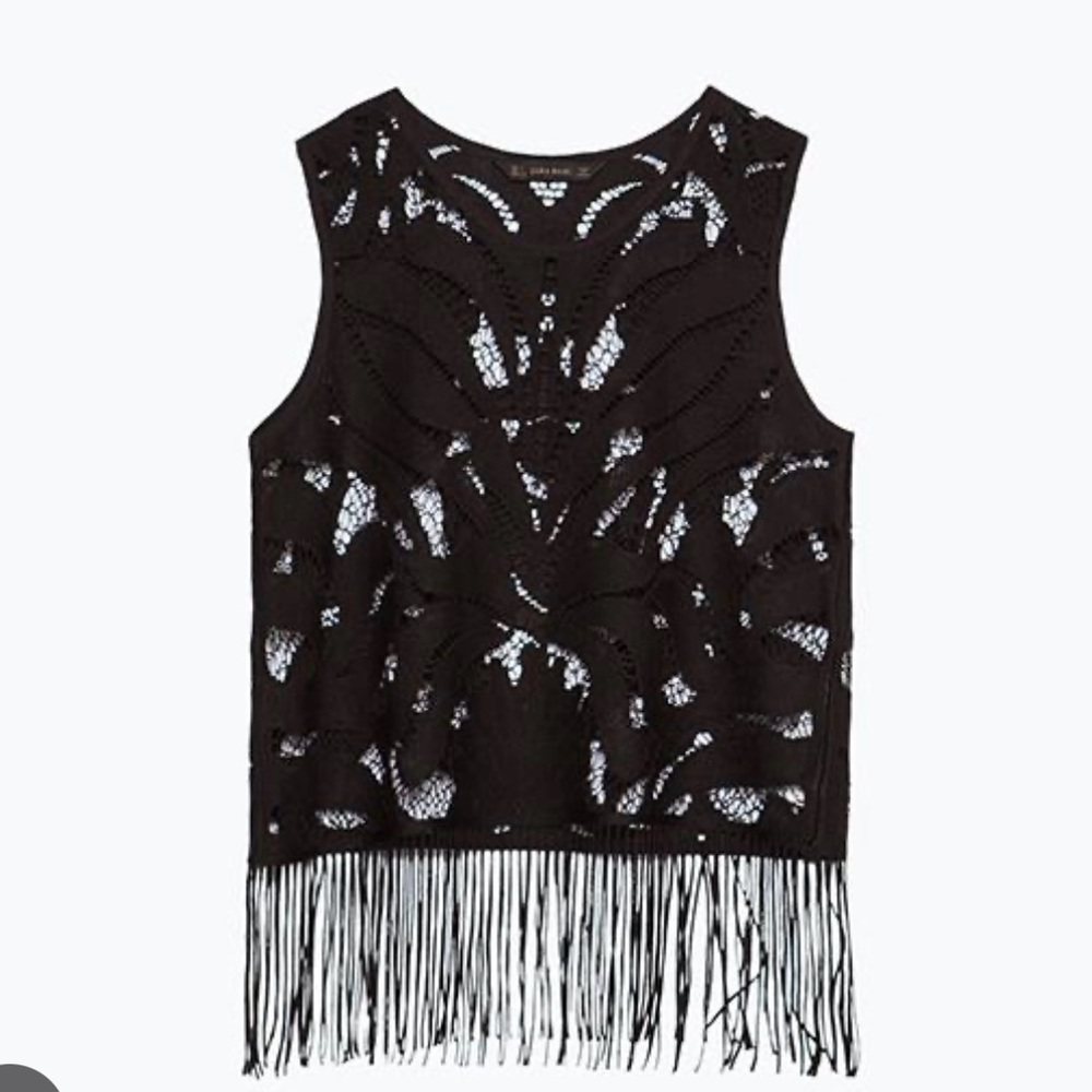 Zara Black crochet Lace Fringe Tank Top